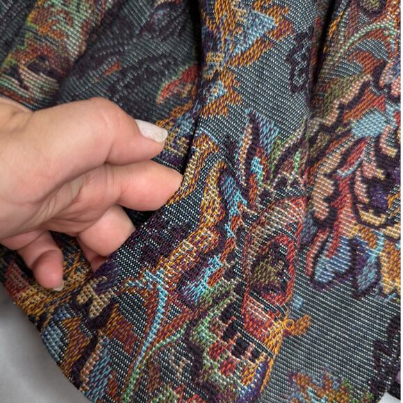 Vtg 1970s Teal Blue Floral Tapestry Fabric Open Front Collarless Blazer XL - Picture 3 of 5